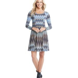 Karen Kane Blue & Brown Chevron Long Sleeve Dress